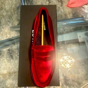 Never worn red velvet loafers